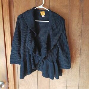 Ruby Rd Black Textured Knit Open Front Cardigan Ruffle Collar Peplum Sweater S